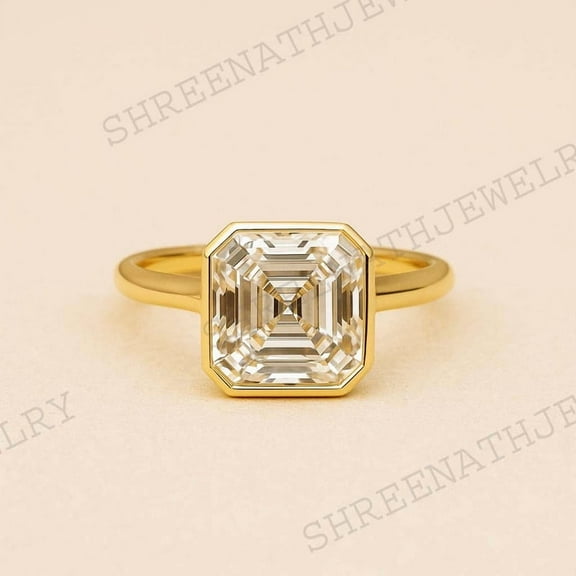 SHREENATHJEWELRY Cushion Cut Moissanite Engagement Ring Solitaire Statement Women Jewelry 14K Yellow Gold Plated Bezel Set Ring Anniversary Gift For Her