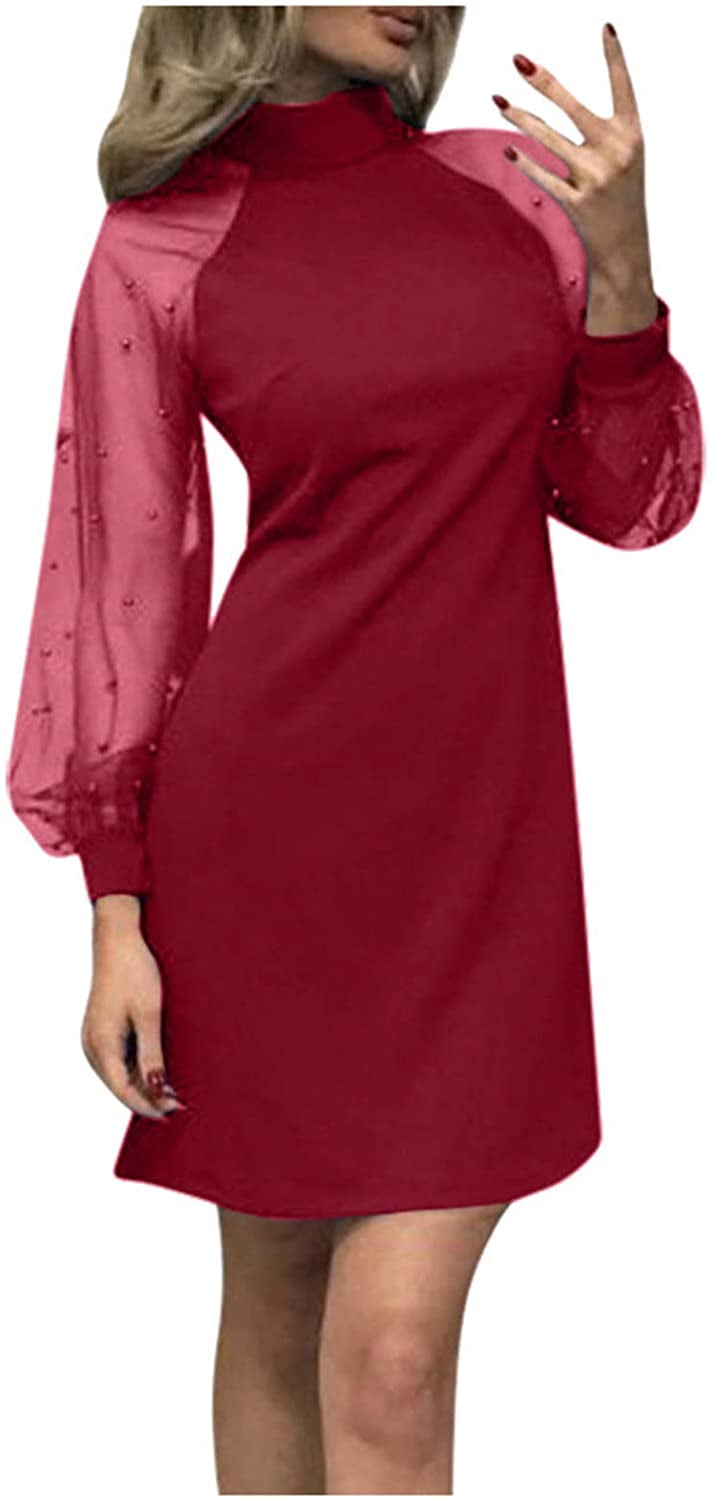Mesh Sleeve Turtleneck Dress Solid 
