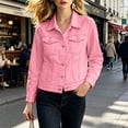 thumbnail image 4 of FDGIU Women's Lapel Button Down Cropped Denim Jacket, Cuffed Long Sleeve Solid Jean Coat with Chest Flap Pockets for Spring Fall Casual Daily Layering, 4 of 5