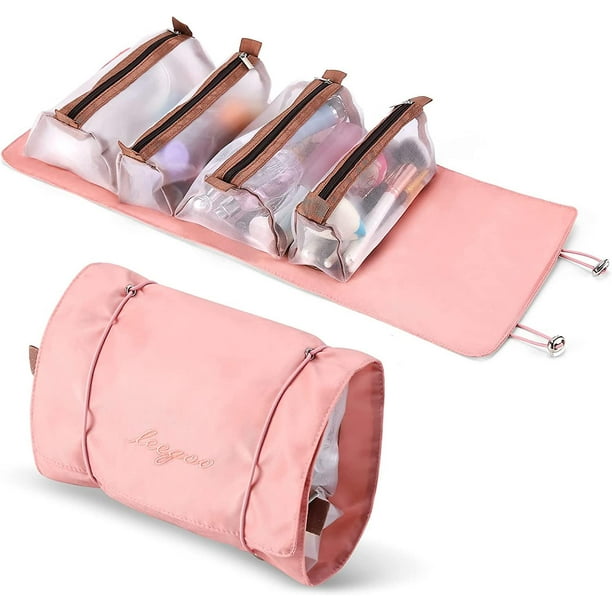 Neceser de viaje enrollable para mujer, bolsa de maquillaje, organizador de viaje, bolsa de cosméticos, 4 bolsas de almacenamiento extraíbles, impermeable, primeros auxilios, medicina, Pe