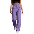 thumbnail image 2 of ZHYou No Boundarie Cargo Pants for Women High Waist Button Wide Leg Loose Fit Straight Casual Work Trousers with Multiple Pockets,Purple,Size M, 2 of 7