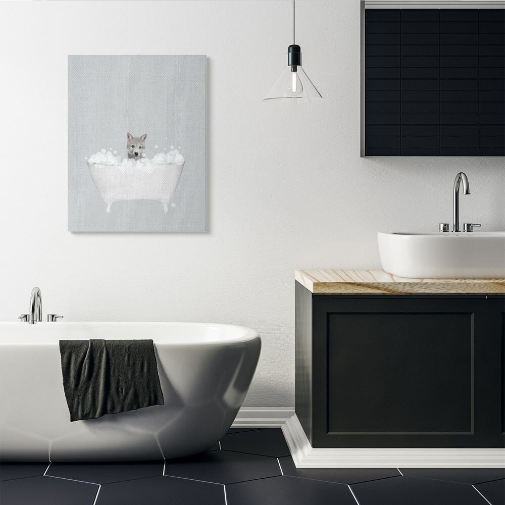 Stupell Industries Wolf Blue Bath Cute Animal Design Canvas Wall Art by Leah Straatsma