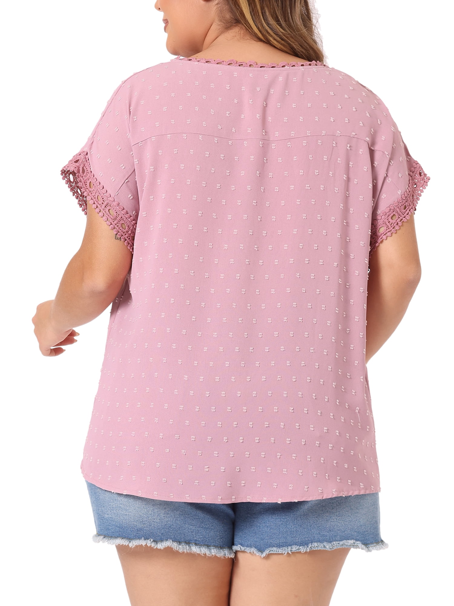 Women's Plus Tops with Swiss Dots Crew Neck Short Sleeve Casual Blouses 4X Pink
