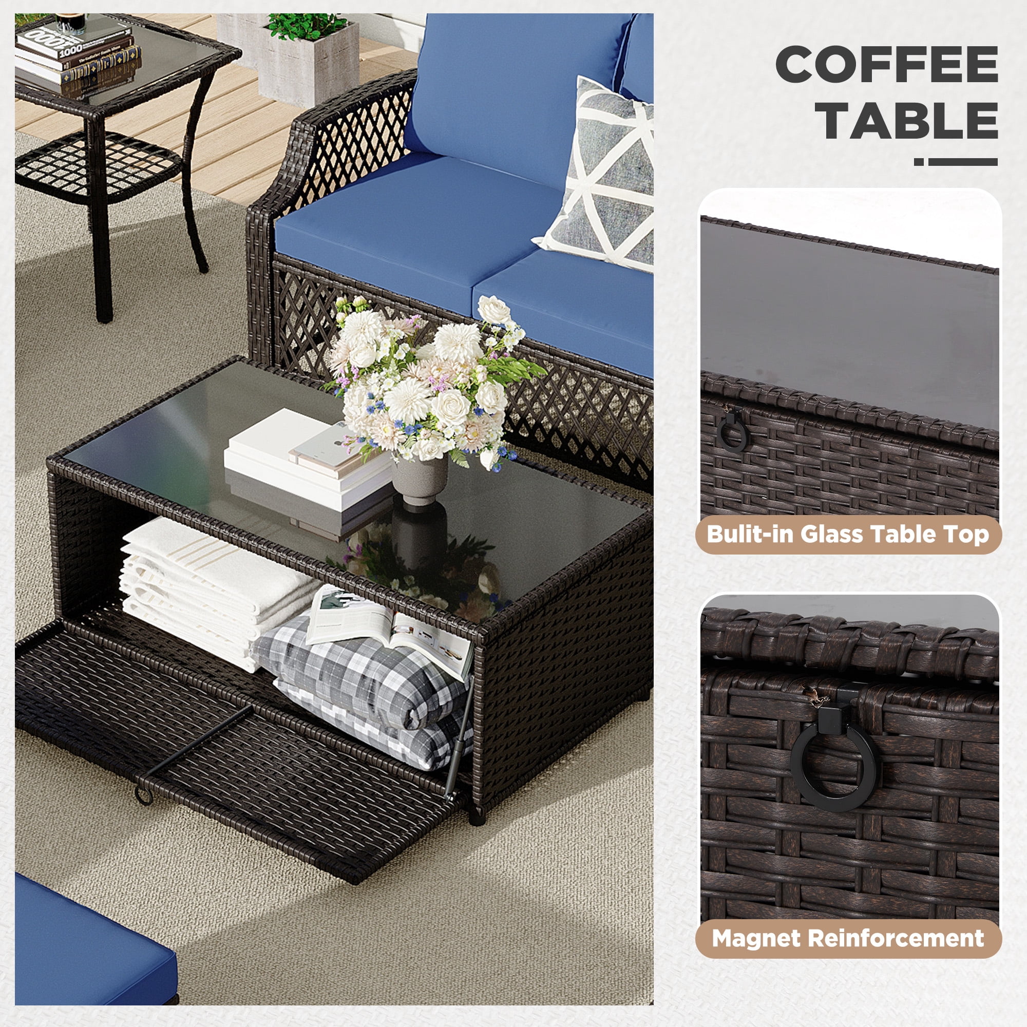 Vicluke 6 Piece Patio Furniture Set, Wicker Outdoor Conversation Sofa Set with Swivel Chairs, Loveseat, Storage Coffee Table, Rattan Outdoor Sectional for Deck Backyard Porch（7 Seats, Navy Blue)