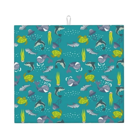 

Dish Drying Mats for Kitchen Counter cute shark turtle 16x18in Dish Drying Pad Coffee Mat with Hanging Loop Super absorbent Kitchen Counter Mat Coffee Bar Accessories