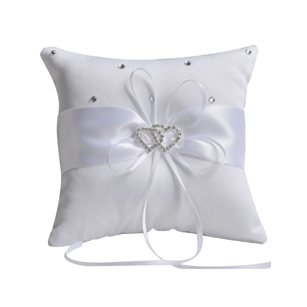 Wedding Bridal Bowknot Double Heart Ring Bearer Pillow Cushion Pretty Home Decor 
