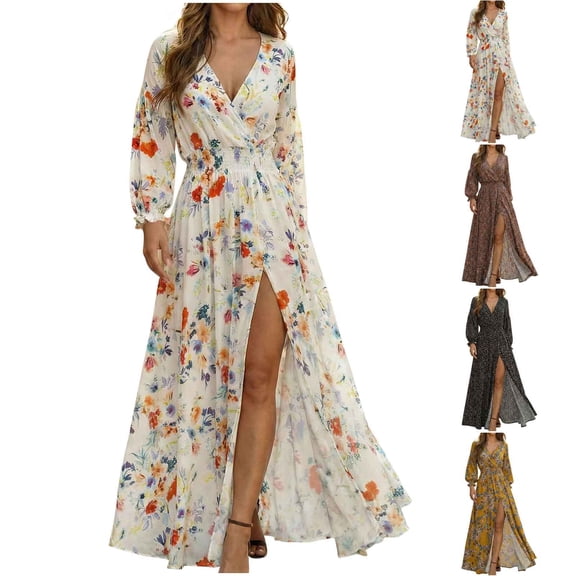 Juesizh Maxi Dress for Women Long Sleeve Holiday Dress Fashion Casual Floral Print Split Full Summer Dress, S-2XL