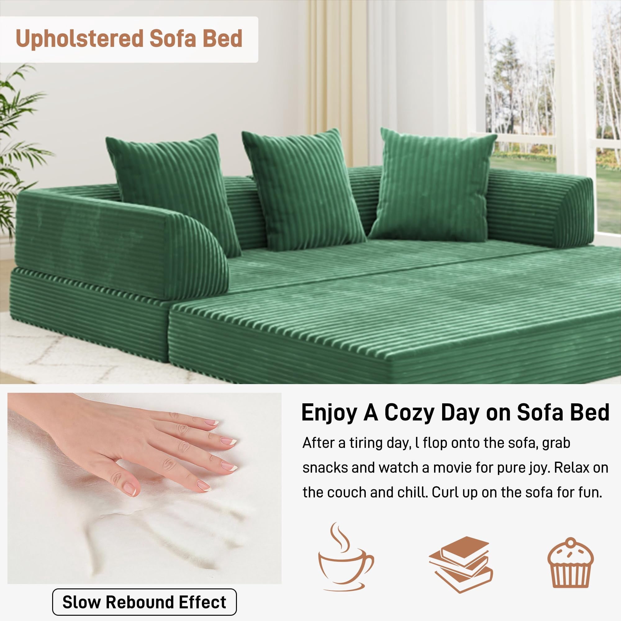 Blotout 5-in-1 Folding Convertible Sofa Bed with 3 Pillows, 79" Large Corduroy Boneless Couch with Armrest Pockets, Lounge Loveseat Sleeper with Pull Out Bed for Living Room Bedroom, Green