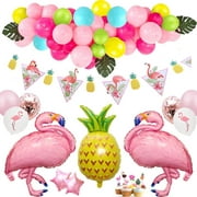 Flamingo and Pineapple Party Decorations Tropical Balloons Arch and Garlands Kit, Flamingo Banner,cake toppers,Palm Leaves,Latex Balloon Pink,Blue,Confetti,Green & Yellow | Flamingo Party Supplies