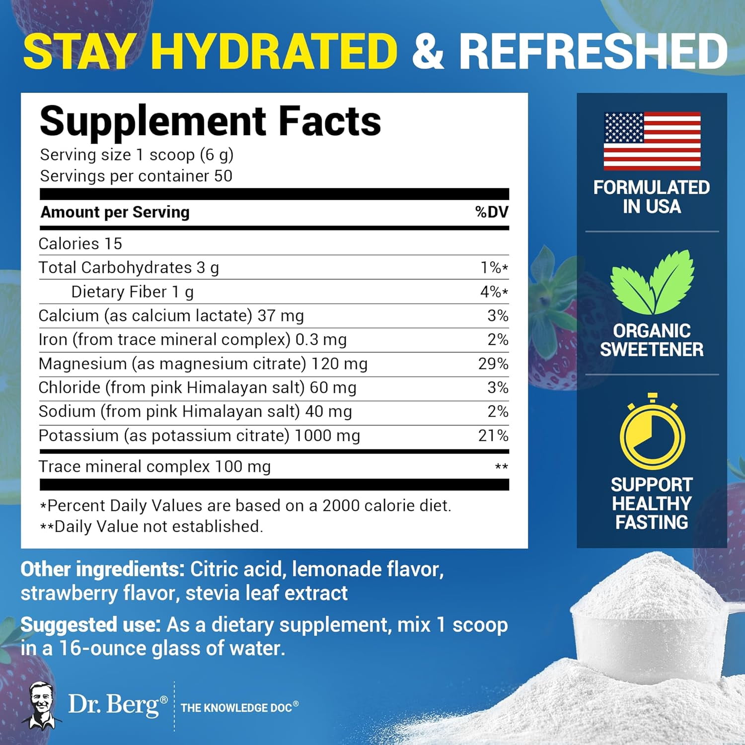 Dr. Berg Electrolyte Powder - Strawberry Lemonade Hydration Powder, 50 Servings