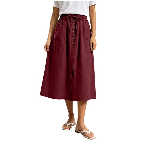 STETMN Women's Midi Skirt,Drawstring Waist, Button Trim, A-Line Cotton Linen Casual Skirt with Pockets