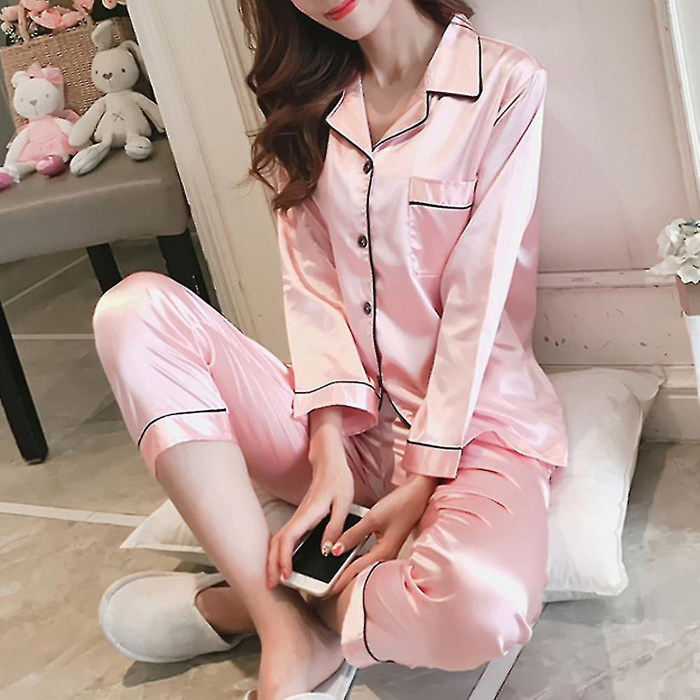 Yeegool Women Satin Silk Sleepwear Pyjamas Long Sleeve Nightwear Sets Pink L