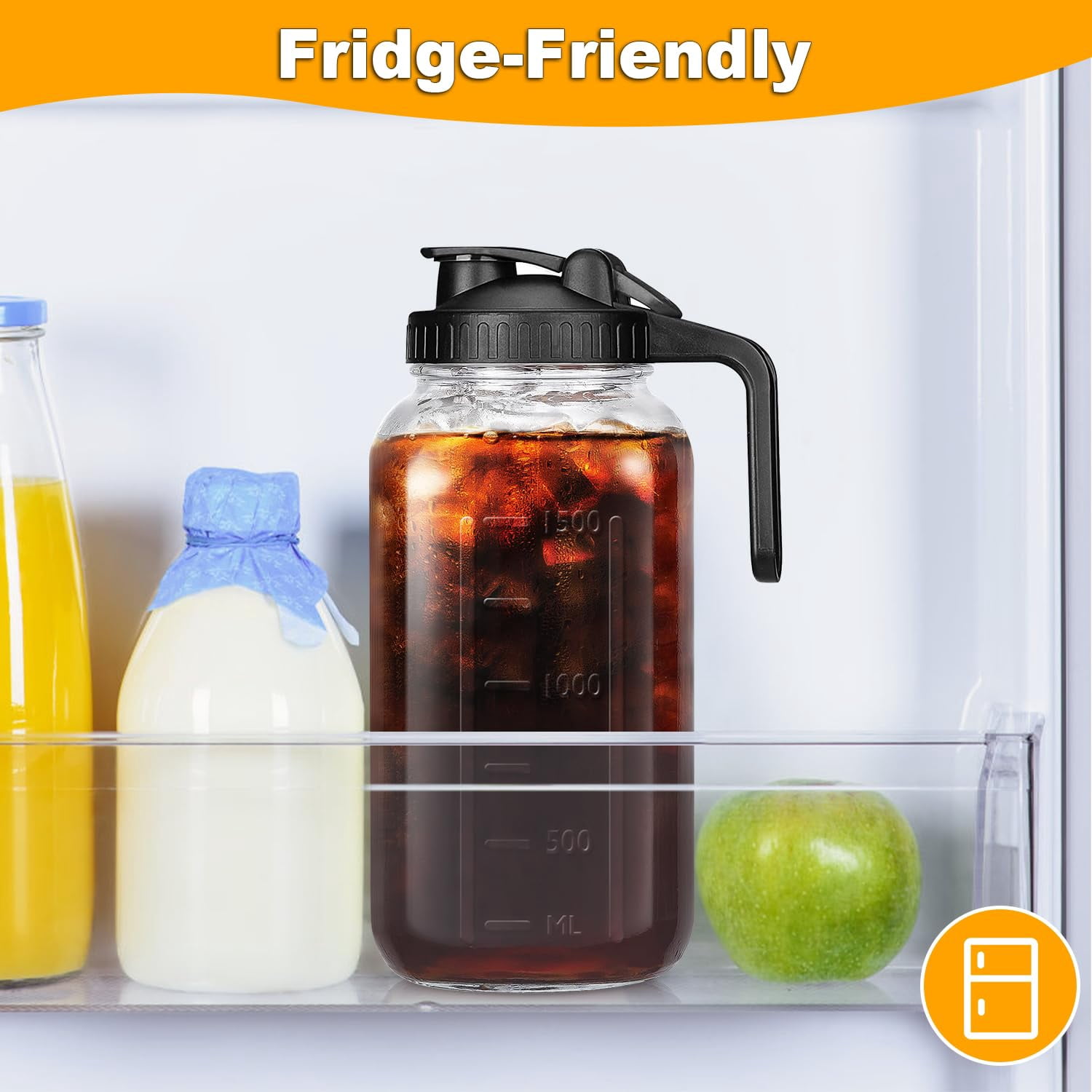 JOGGEIL 3 Pack 64OZ Mason Jars with Lid, 2 Quart Glass Water Pitcher with Lid, Airtight Seal for Great for Iced Tea,Juice,Milk,Coffee,Sun Lemonade, Black