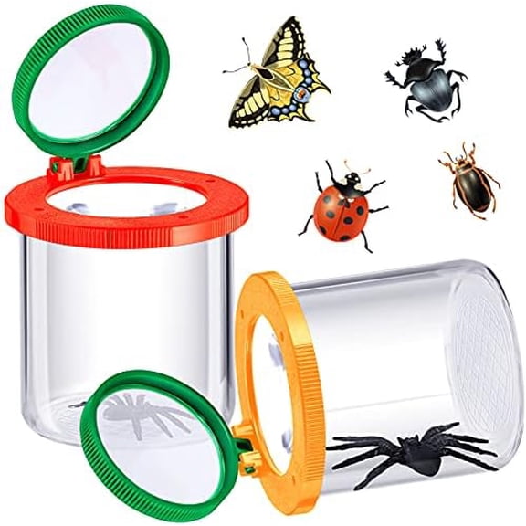 2 Pieces Bug Jars Insect Viewer Catcher Bug Magnifying Insect Cage Container for Kids Children Science Nature Exploration Tool(Red,Yellow)