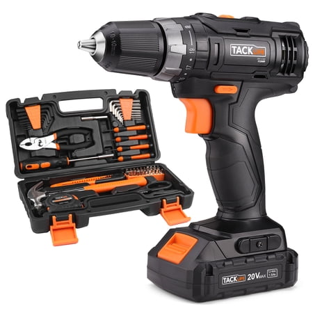 TACKLIFER 20V Cordless Electric Screwdriver with Home Tool Kit, 60Pcs Home Repair Tool Accessories, 2-Speed 20V Hammer Drill Tool Kit with Carry Case, PHK06B