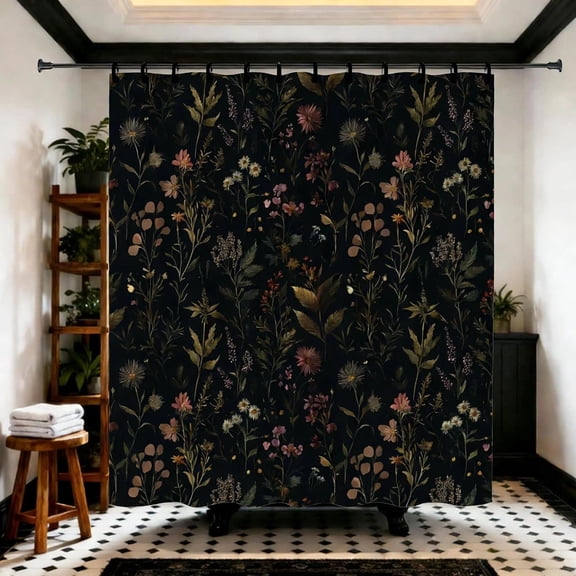 Dark Botanical Floral Shower Curtain for Bathroom Moody Wildflower Fabric Shower Curtains Waterproof 71x71 inches