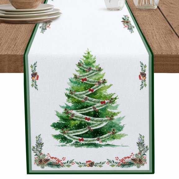 nqOlkjepod Christmas Trees Table Runner 36 Inches Long Farmhouse Dress Scarves, Winter Pine Xmas Watercolor Berry Green Dining Tablerunner for Coffee Table/Kitchen Island/Party Décor, Small 13"x36"