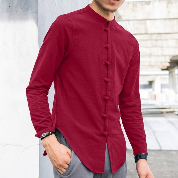 pstuiky camisetas de manga larga para hombre, Camisa informal de manga larga con cuello alto y botones especiales de color sólido para hombre. camisetas de hombre l