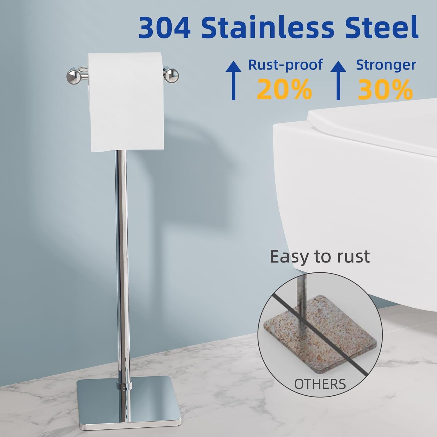 Toilet Paper Holder Stand, Bathroom Toilet Paper Roll Holder Free Standing, Toilet Tissue Holder Stand with Post Pivoting Design, Stable Weighted Base, SUS304 Stainless Steel (Chrome)
