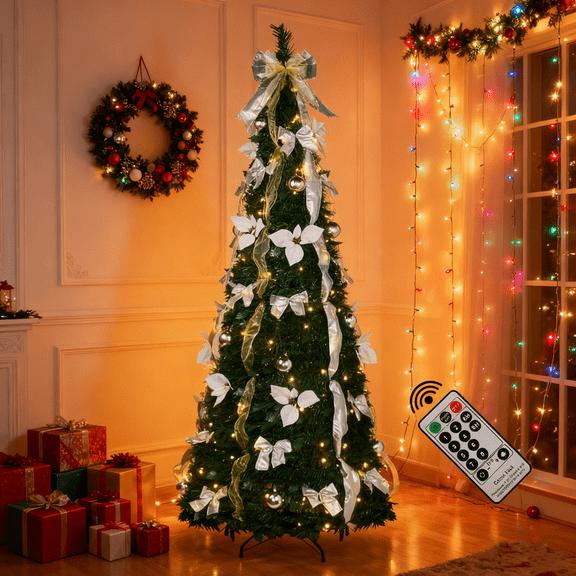 iHomeGarden 6FT Pop-Up Artificial Christmas Tree with 300LED Lights,White Prelit Christmas Tree with Foldable Base