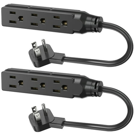 1 FT Short Power Extension Cord, 3 Outlet, SJT 16 AWG Flexible Power Cord, Black - 2 Pack
