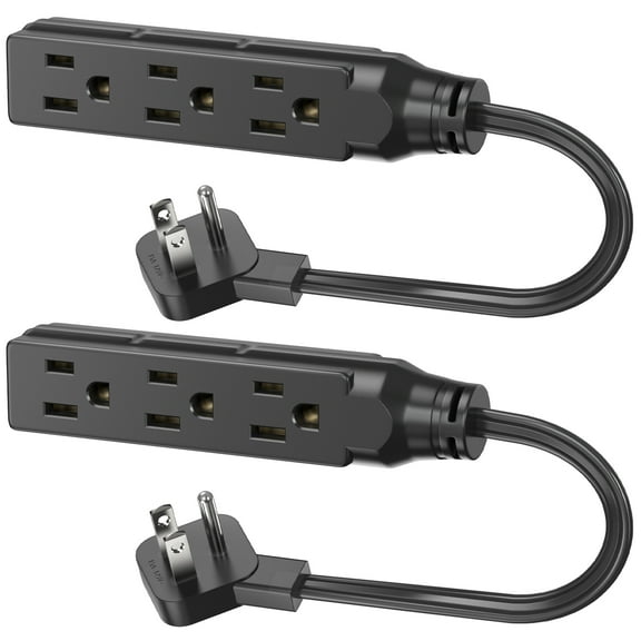 1 FT Short Power Extension Cord, 3 Outlet, SJT 16 AWG Flexible Power Cord, Black - 2 Pack