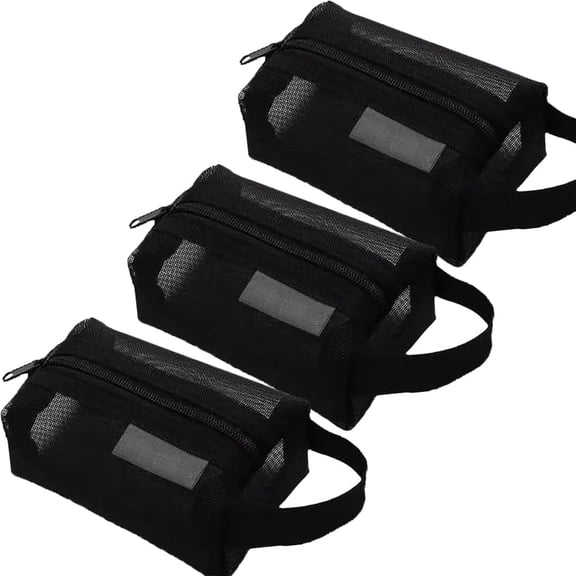 Portable Mesh Storage Bag, Mesh Makeup Bag with Zipper Toiletry Pouch, Small Square Cosmetic Coin Purse for Travel, 3-Pack Grey Black White