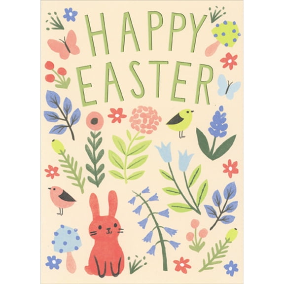 RSVP Red Bunny, Birds, Mushrooms, Butterflies and a Variety of Flowers Easter Card