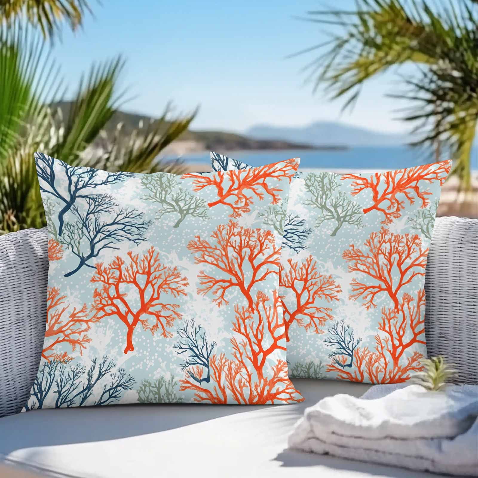 Waterproof Throw Pillow Covers Set of 2, 20x20 Inch Orange-red Coral Decorative Pillowcases Outdoor Pillow Slip Cushion Covers Set for Couch Tent Blue Ocean Coastal Nature Branch Dots