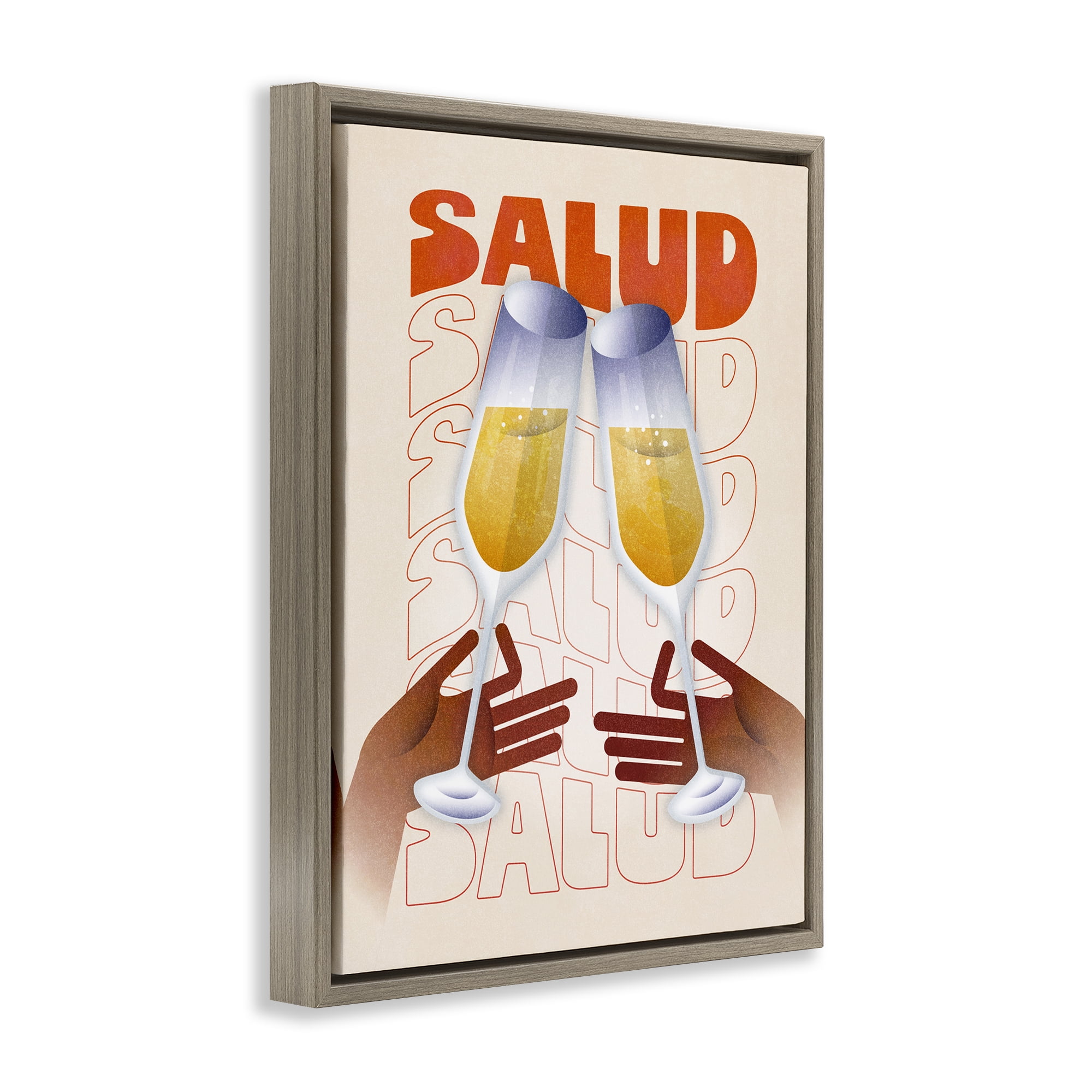 Stupell Industries Salud Cheers Champagne Food & Beverage Painting Brown Floater Framed Canvas Art Print Wall Art, 25 x 31