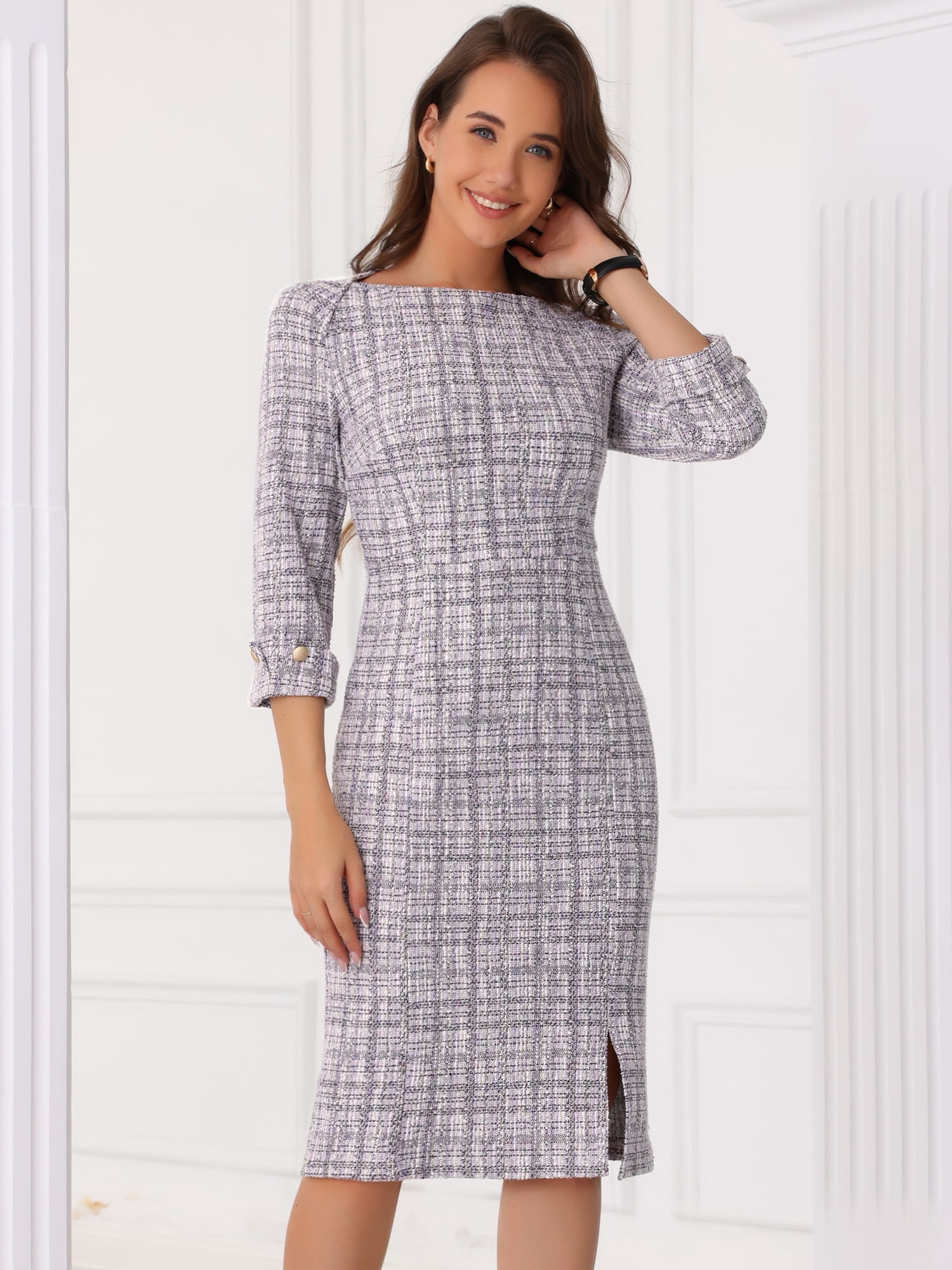 DARING DIVA Women's Tweed Fall Elegant Boat Neck 3/4 Sleeve Dress XL White Purple
