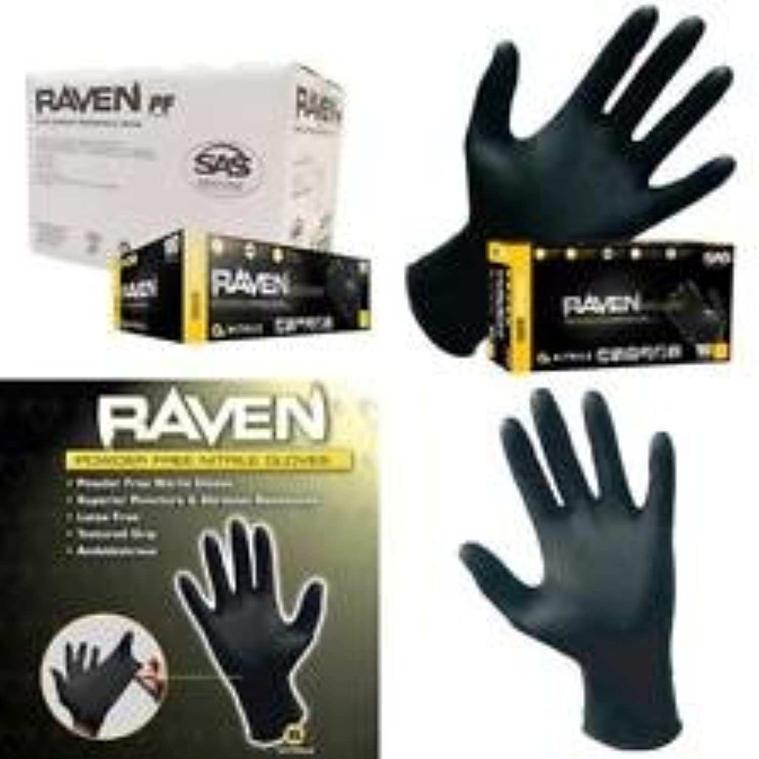 SAS Safety 66517 Raven Powder-Free Disposable Black Nitrile Mil Gloves,  Medium, 1000 Gloves by Weight (Case of 10 Boxes 100)