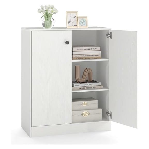 2-Door Storage Cabinet, Modern Floor Cabinet with 3-Tier Shelf, Freestanding Side Cabinet with Anti-Toppling Device, Storage Organizer for Living Room, Kitchen, Dining Room, Entryway (White)