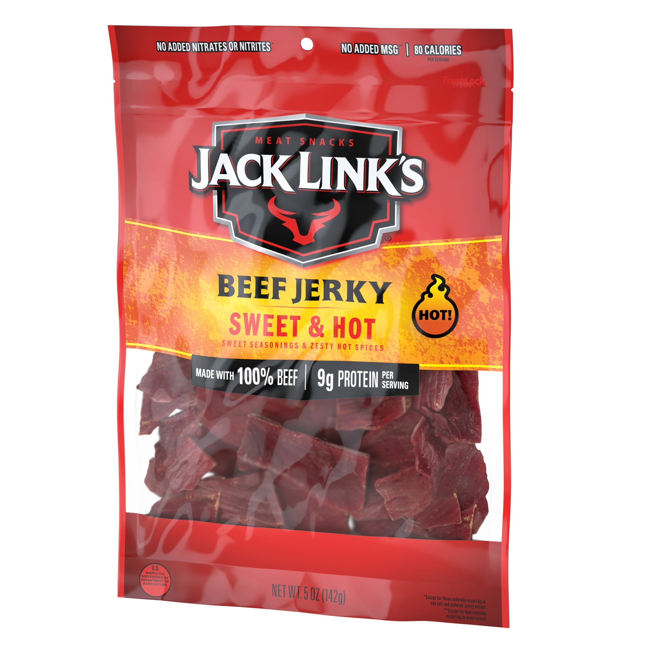 (2 pack) Jack Link’s Beef Jerky, Sweet & Hot, Made with 100% Beef, 9g of Protein per Serving, 5 oz, Resealable Bag