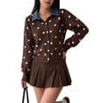 thumbnail image 2 of Women's Denim Collar Polka Dot Cropped Button Knit Sweater Jacket Cardigan Chocolate Color S, 2 of 8