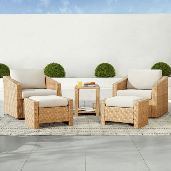 CHITA 5-Piece Outdoor Wicker Patio Furniture Set with Ottoman, Outdoor Light Brown Wicker Chair and Ottoman with Cream Cushion, Cream