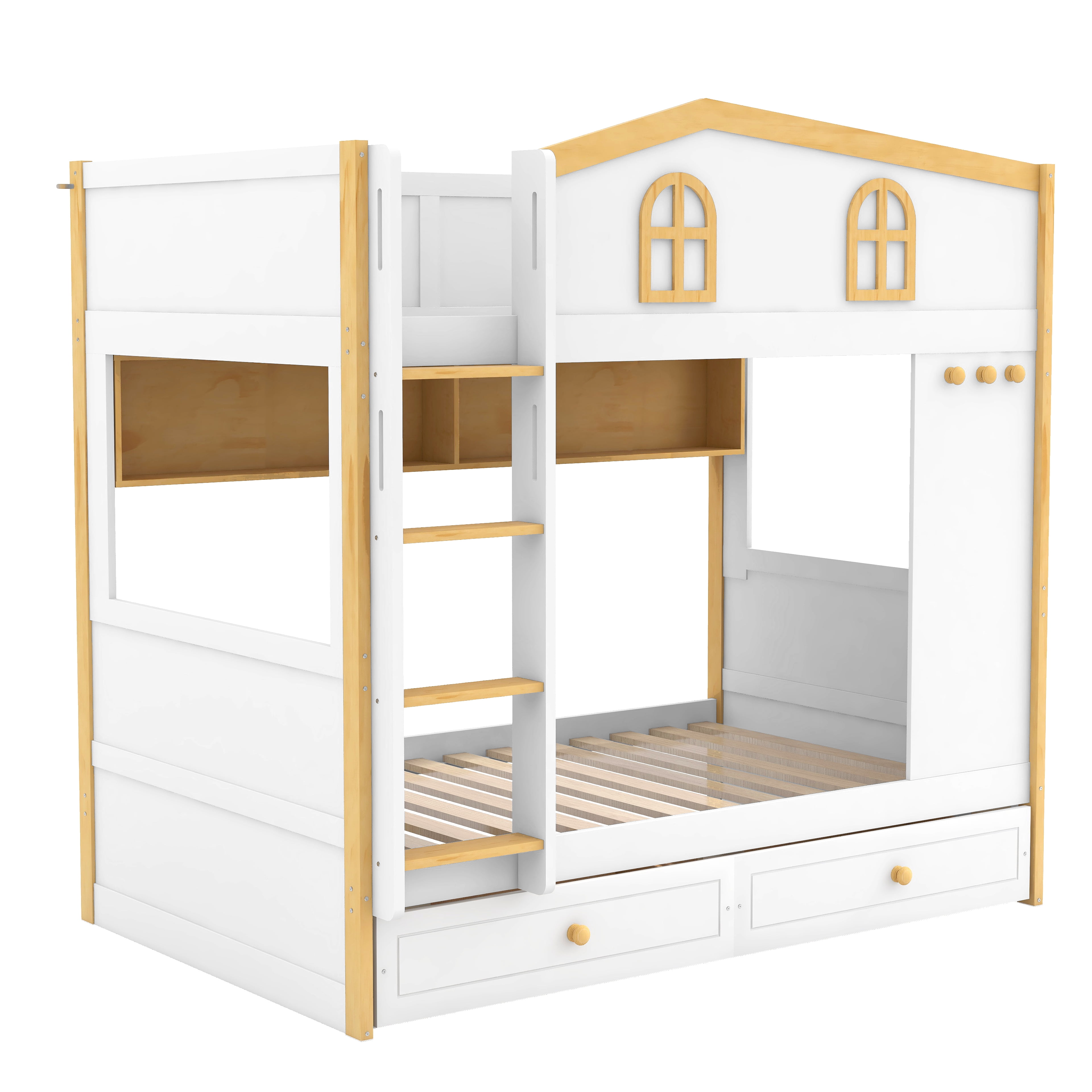 Euroco Wood Twin over Twin Bunk Bed with Shelves and Drawers, House Bed with Guardrails, White