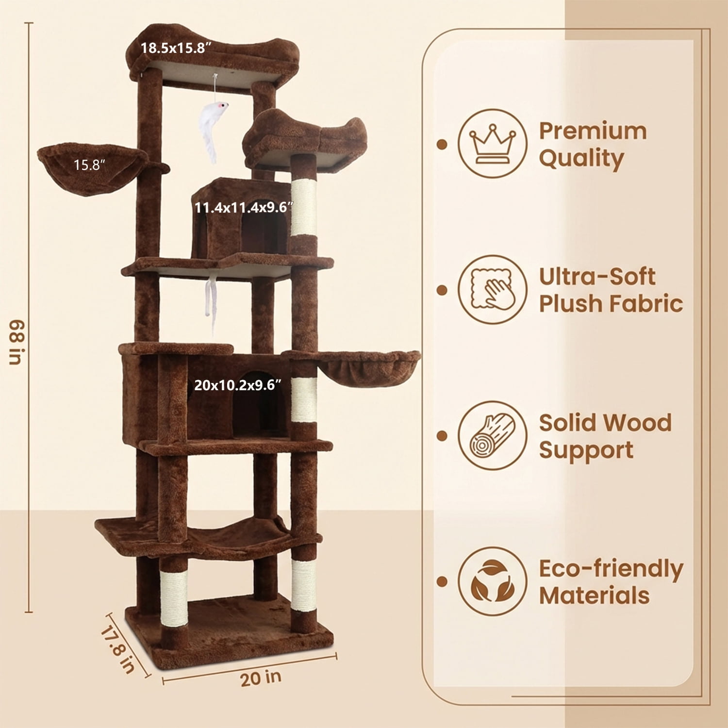ZephyPaws 68" Cute Cat Tree for Indoor Large Adult Cats,Tall Cat Tower with Scratching Post & Condo,Hammock,Space Capsule,Brown