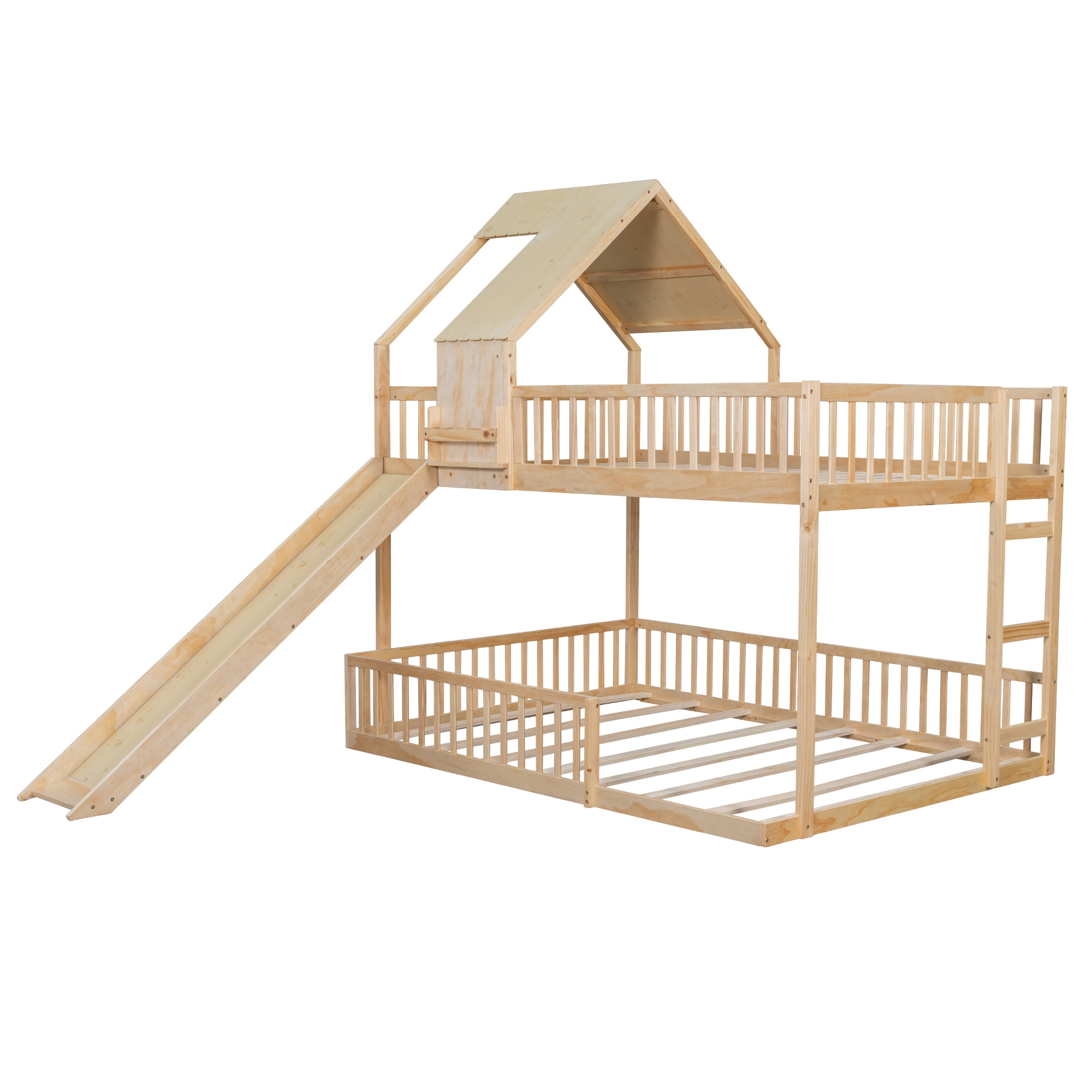 Euroco Wood Full XL over Queen Size Bunk Bed with Slide, Natural