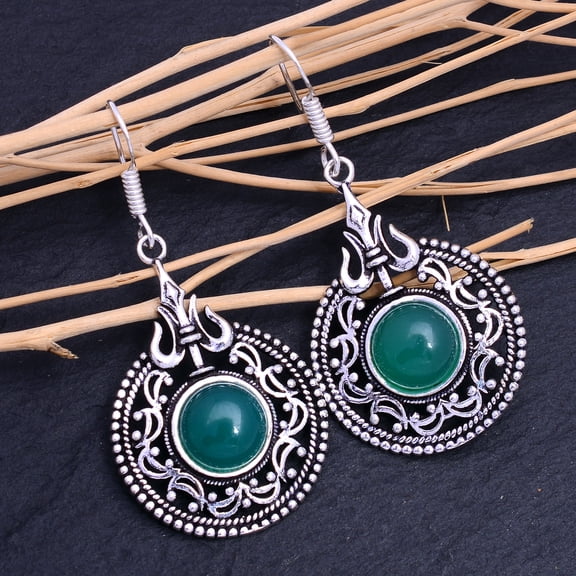 Natural Green Onyx Gemstone Handmade 925 Sterling Silver Earring 2"