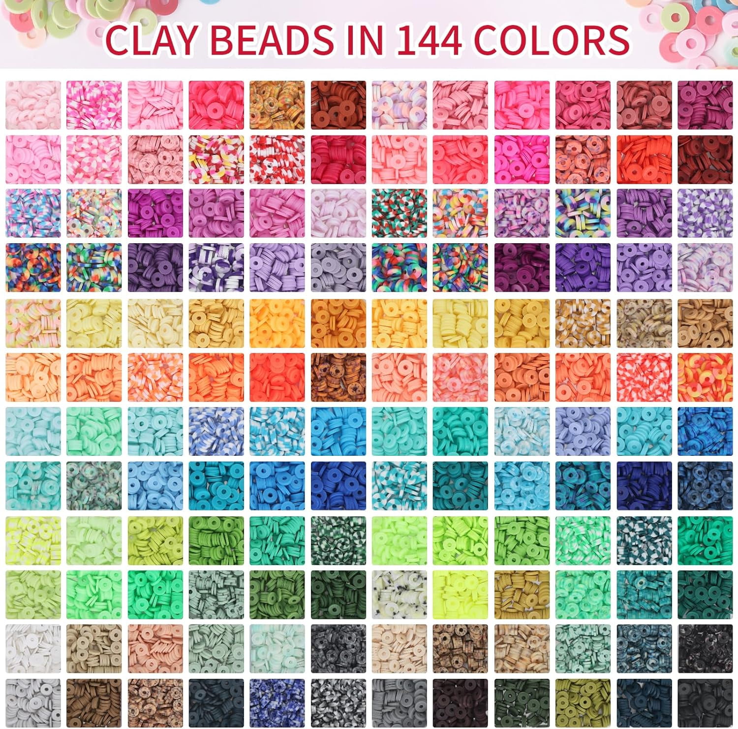 Jiaroutk 19500PCS 144 Colors Clay Beads for Bracelets Making Kit (6mm), Polymer Heishi Beads with Charms Gifts for Teen Girls Crafts for Girls Ages 8-12(Multicolor)