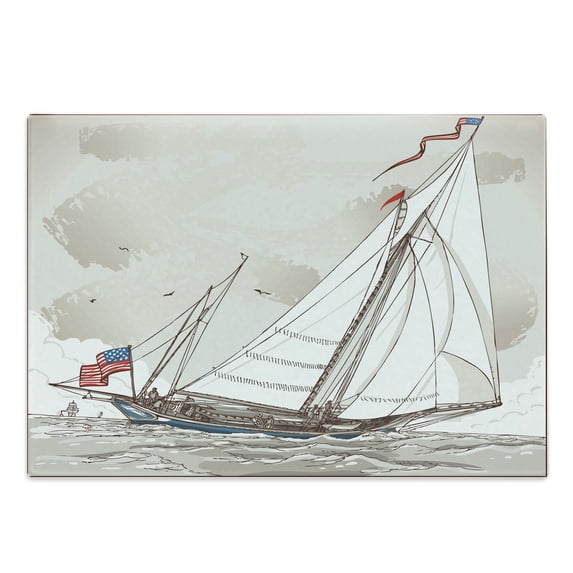 Vintage Cutting Board, Illustration of a Retro View of Antique American Yacht with Flags Ocean, Decorative Tempered Glass Cutting and Serving Board, Large Size, Pale Grey Tan White, by Ambesonne