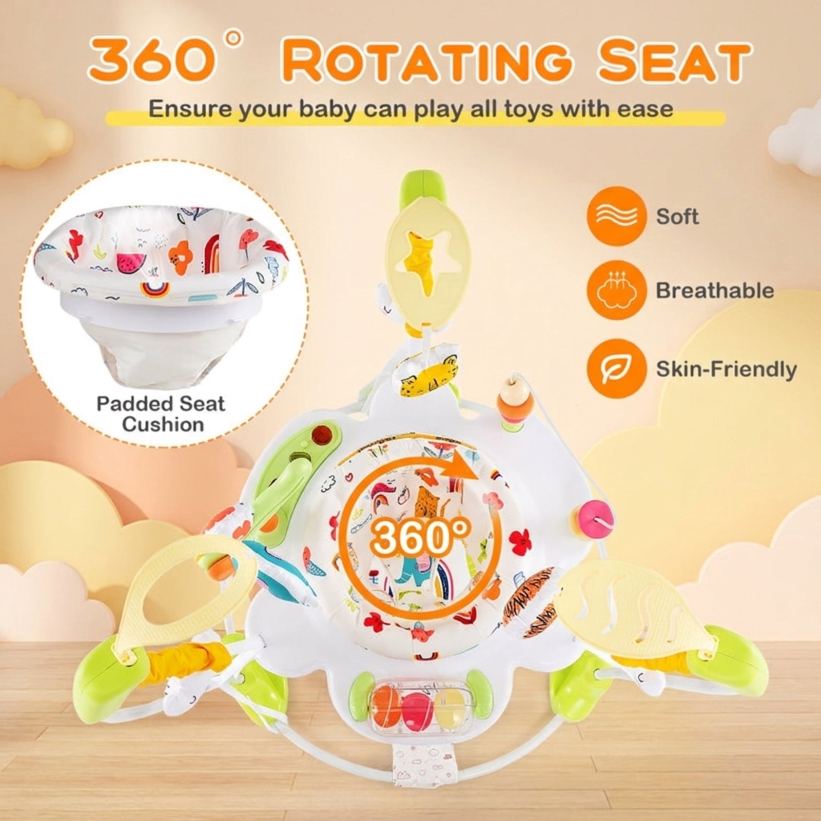 SUGIFT Adjustable Bouncer Activity Center Saucer with 360 Degree Rotating Seat, Ten Interactive Toys, Musical Light Tray and Padded Seat for Nursery Play, Yellow