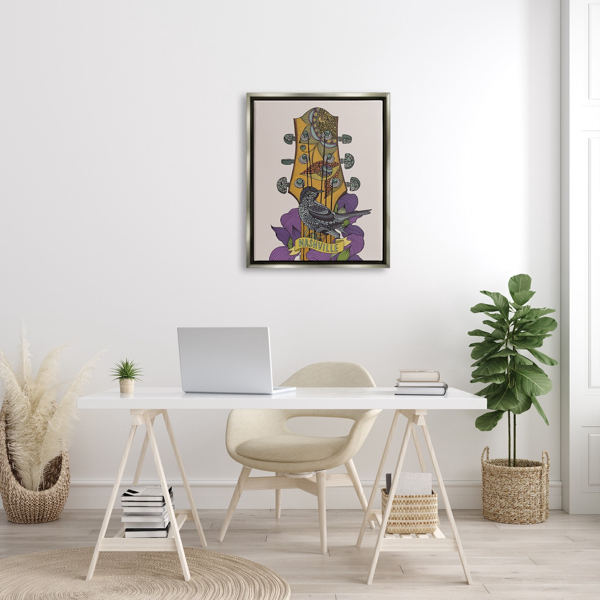 Stupell Industries Intricate Nashville Guitar Floral Patterned Bird Perched Graphic Art Luster Gray Floating Framed Canvas Print Wall Art, Design by Valentina Harper