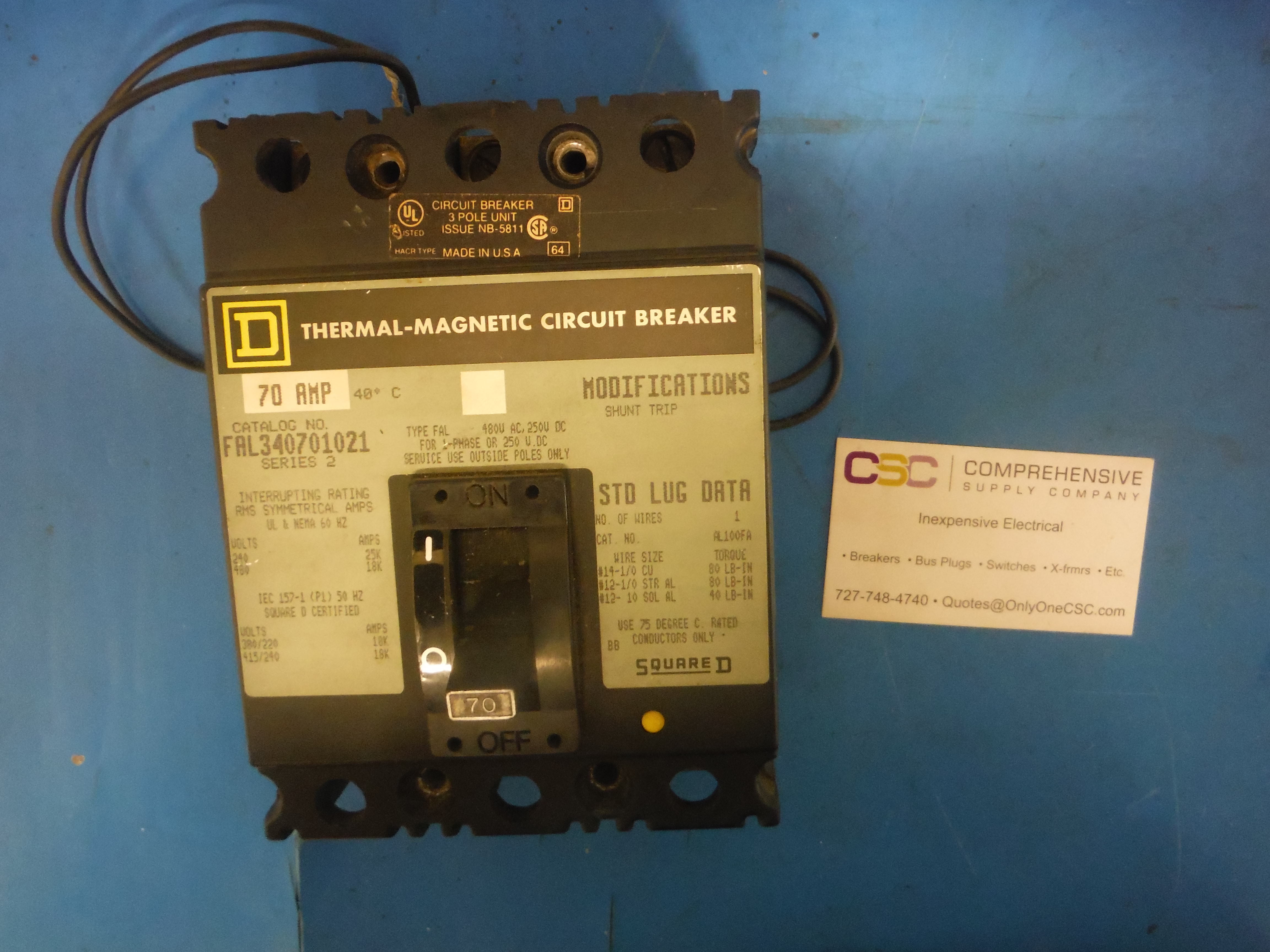 BREAKER 70A 600V 3P SQUARE D TESTED Used 