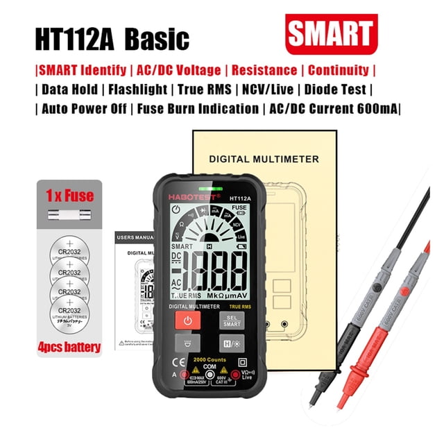 Digital Smart Multimeter Auto Range True Rms AC DC 600-V Voltmeter Ammeter Battery Tester HT112 Series , Readable