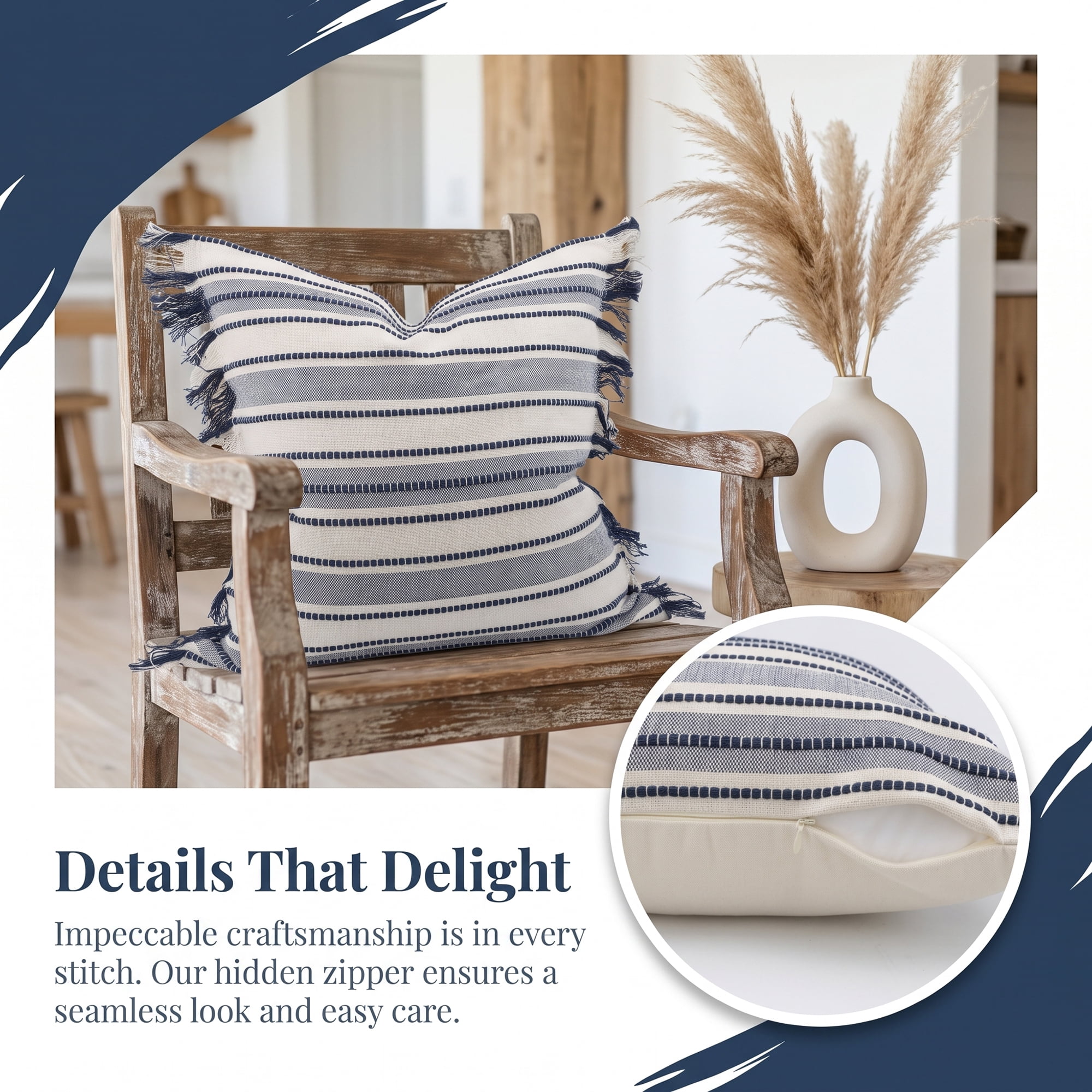Unique Bargains Boho Stripe Throw Pillow Covers 2 Pack Tassel Cushion Cases Blue 18"x18"