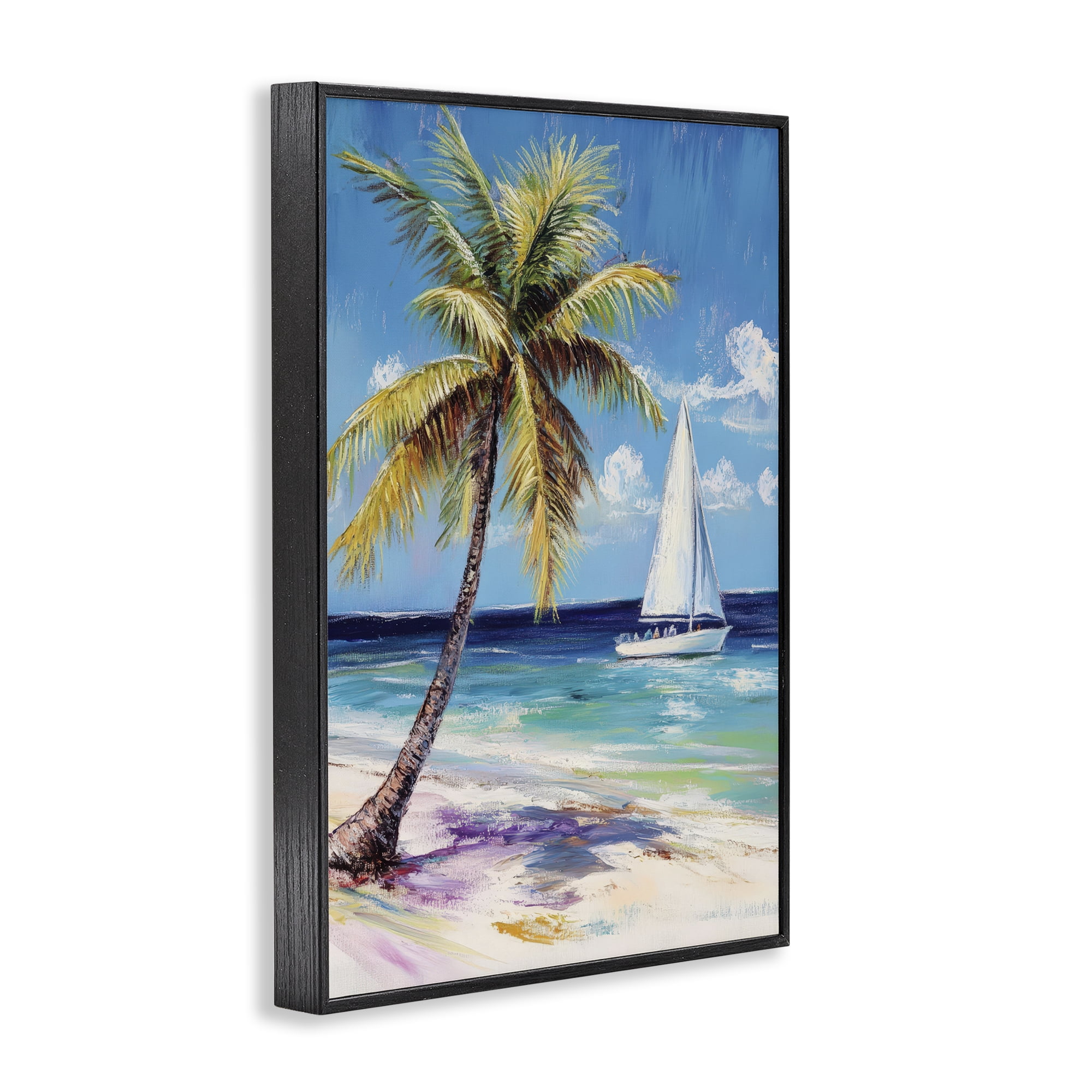 Stupell Industries Sailboat Delight with Palm Tree Black Framed Giclee Art, design by Petal Prints Design