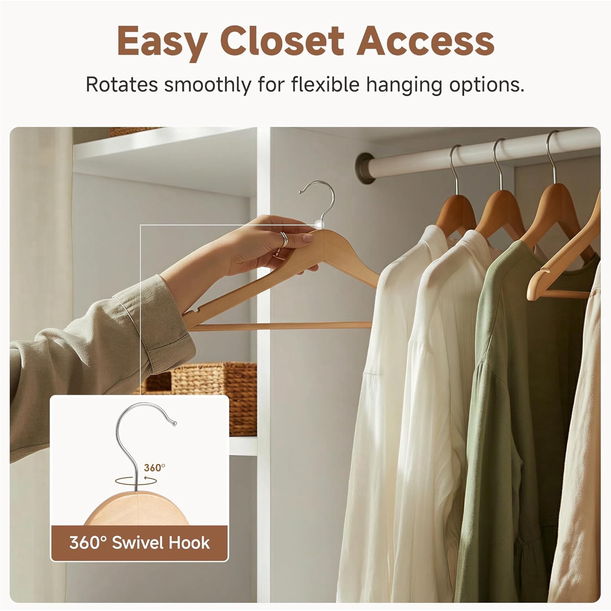 StorageWorks Wooden Hangers 20-Pack, Heavy Duty Solid Wood Coat Hangers with 360 ° Swivel Hook, Non-Slip Pant Bar, Smooth Finish Clothes Hangers, Natural