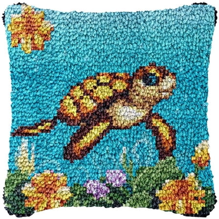 Sea Turtle Latch Hook Pillow Kits for DIY Handmade Throw Pillow Cross Stitch Latch Hooking Pillowcase Rug Kits with Preprinted Color Pattern Canvas Crochet Yarn 17''X 17''(d28)